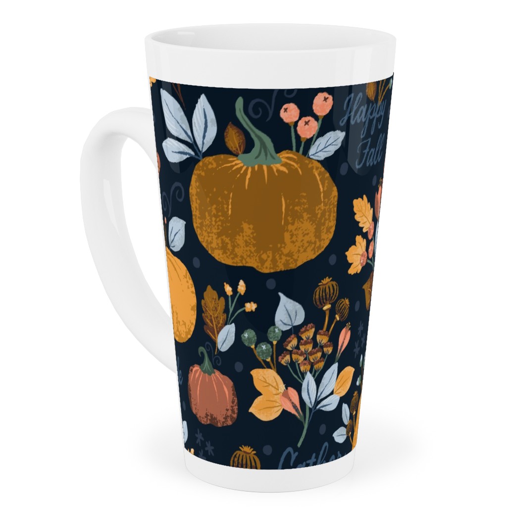 Smaller Scale Elegant Navy Fall Floral - Harvest Gratitude + Cozy Petal Solids Tall Latte Mug, 17oz, Orange
