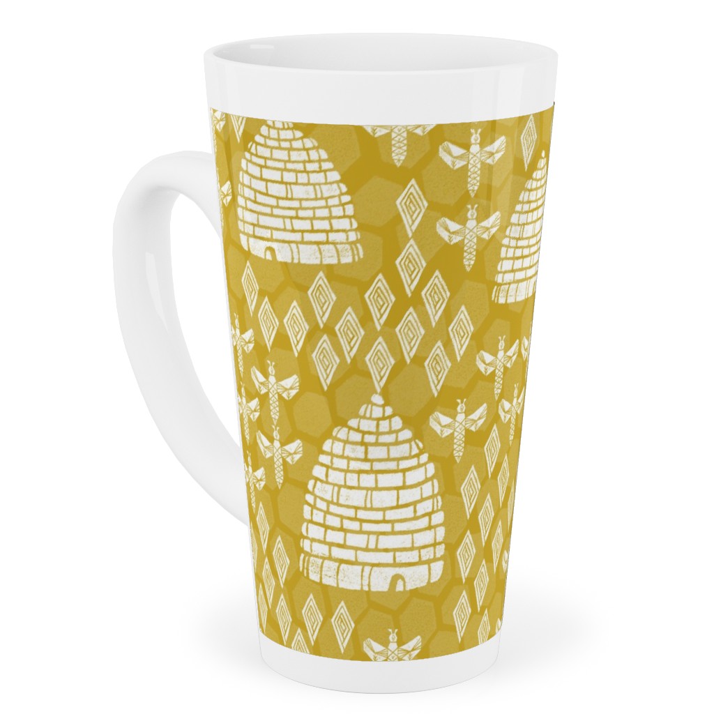 Bee Hives, Spring Florals Linocut Block Printed - Golden Yellow Tall Latte Mug, 17oz, Yellow