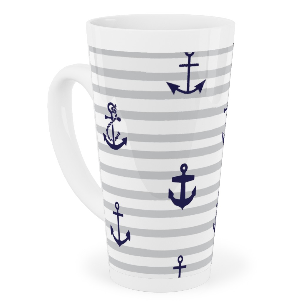 Anchors Away - Black on Gray Stripes Tall Latte Mug, 17oz, Gray, Gray
