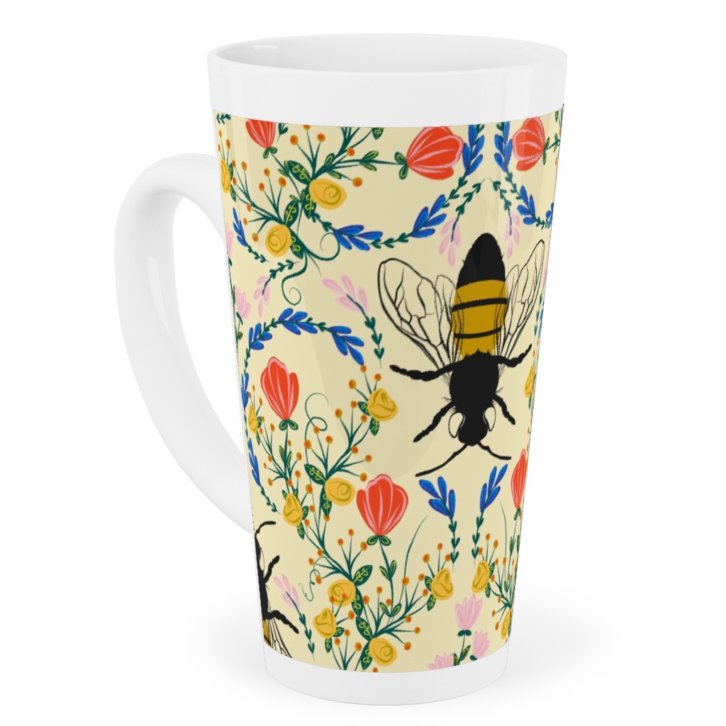 Bee Garden - Multi on Cream Tall Latte Mug, 17oz, Yellow
