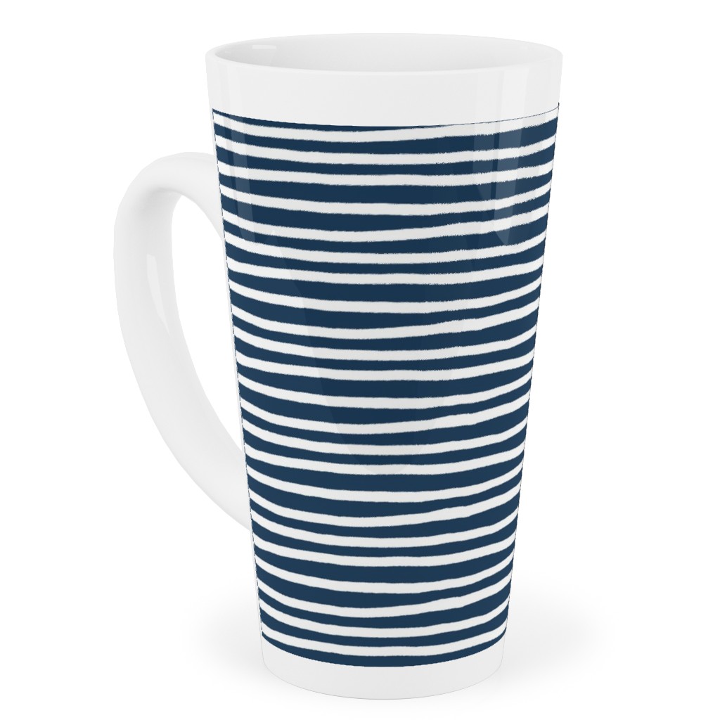 Navy Blue and White Stripes Tall Latte Mug, 17oz, Blue