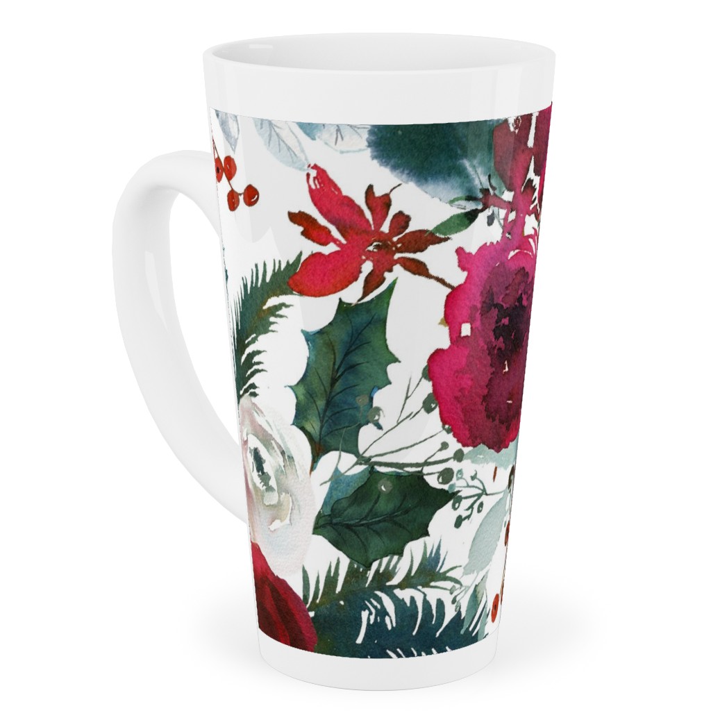 Holiday Florals Red on White Tall Latte Mug, 17oz, Multicolor