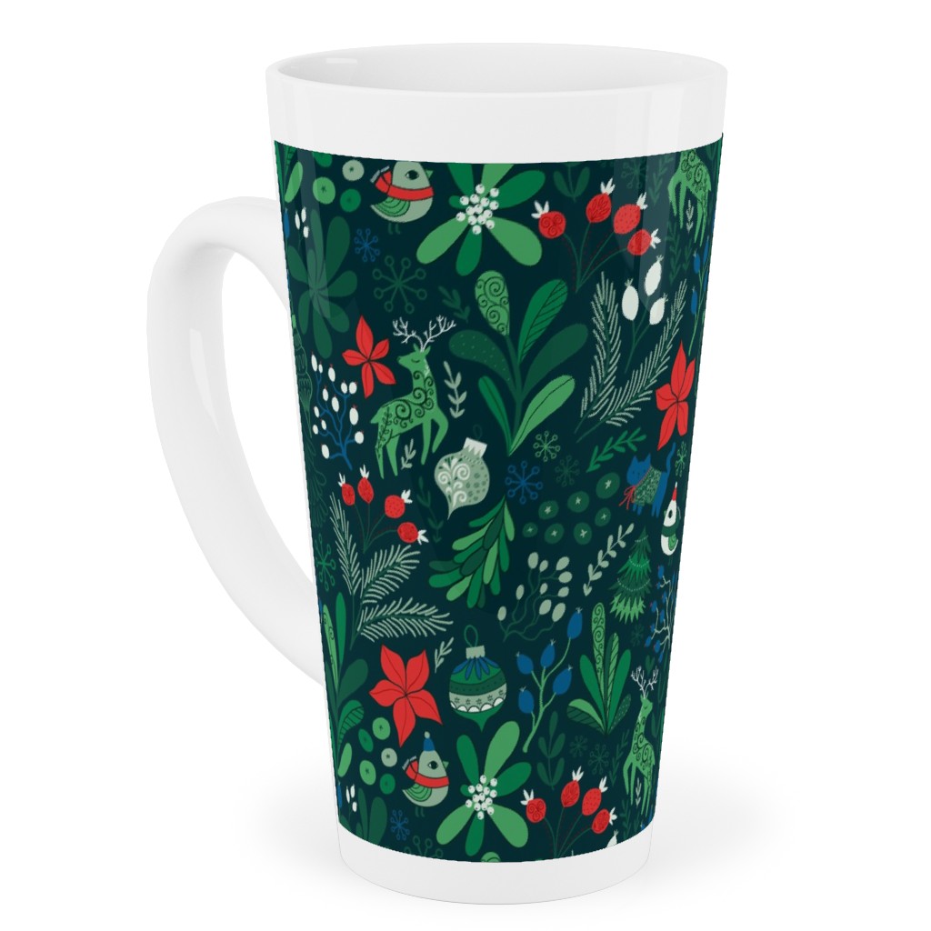 Merry Christmas Floral - Dark Tall Latte Mug, 17oz, Green