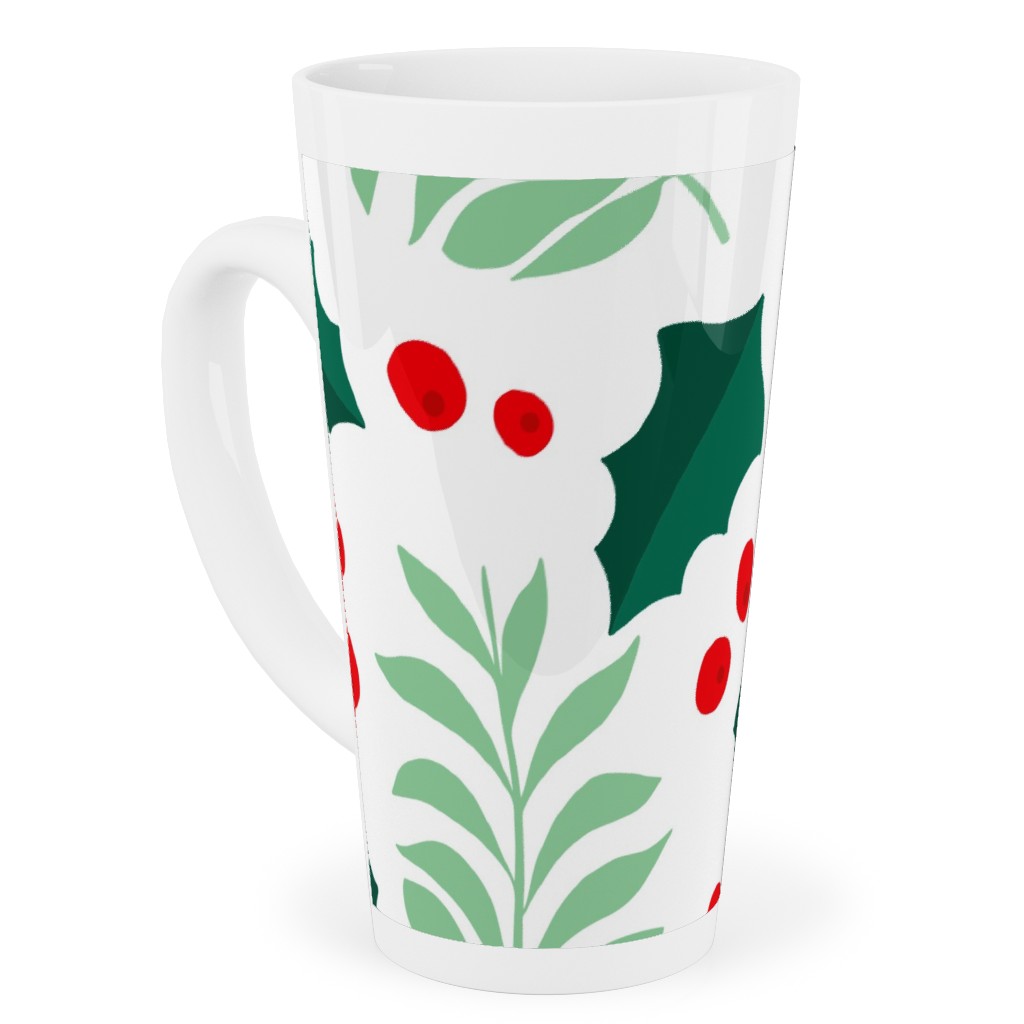 Botanical Christmas Garden Pine Leaves Holly Branch Berries - Green and Red Tall Latte Mug, 17oz, Green, Classic Green