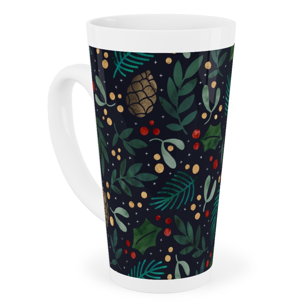 Christmas Florals - Dark Green Tall Latte Mug, 17oz, Green