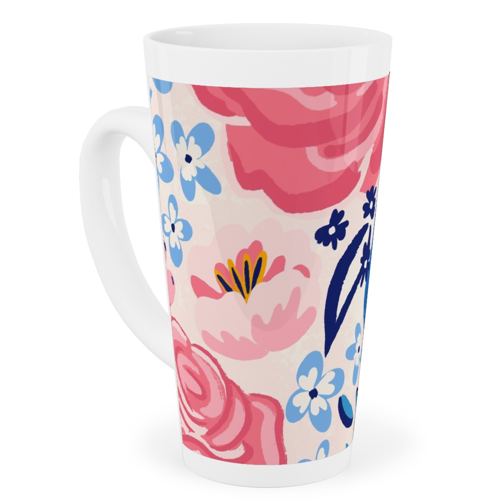 Chintz Roses - Coral and Blue Tall Latte Mug, 17oz, Pink