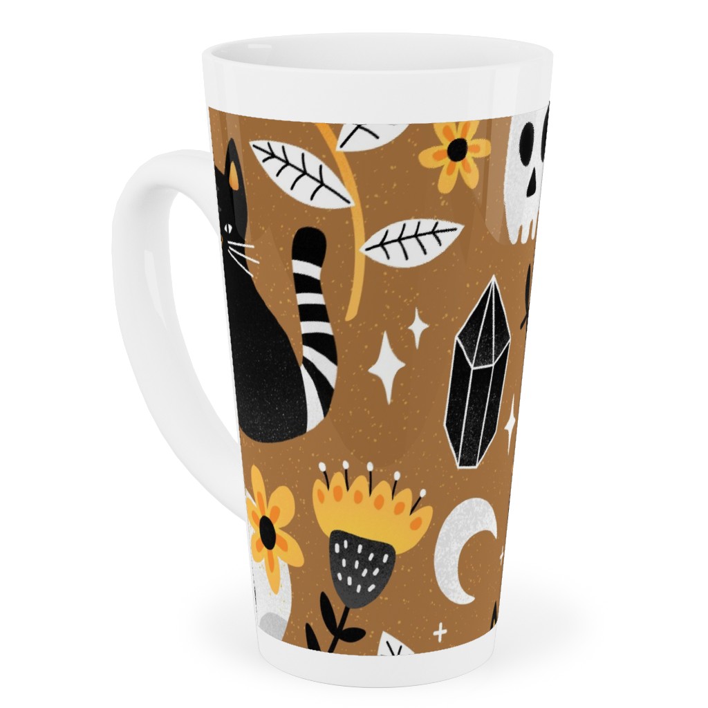 Black Cat & Floral Skull Tall Latte Mug, 17oz, Brown