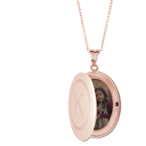 Double Outline Locket Necklace, Rose Gold, Oval, Engraved Front, Gray