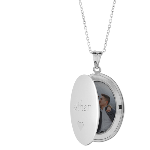 My Heart Locket Necklace, Silver, Oval, Engraved Front, Gray