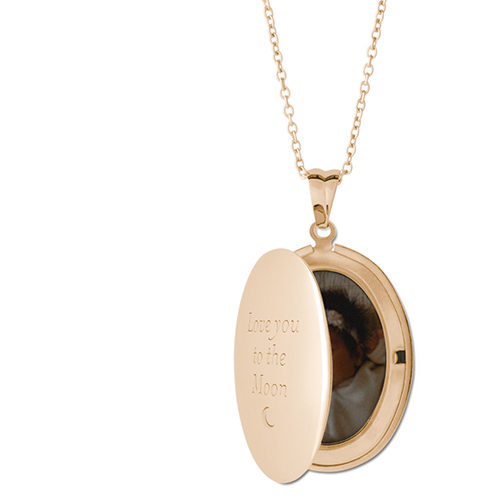 To The Moon Locket Necklace, Gold, Oval, Engraved Front, Gray