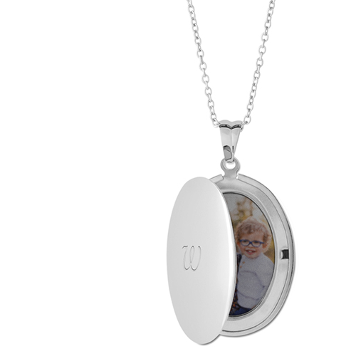Classic Initial Locket Necklace, Silver, Oval, Engraved Front, Gray