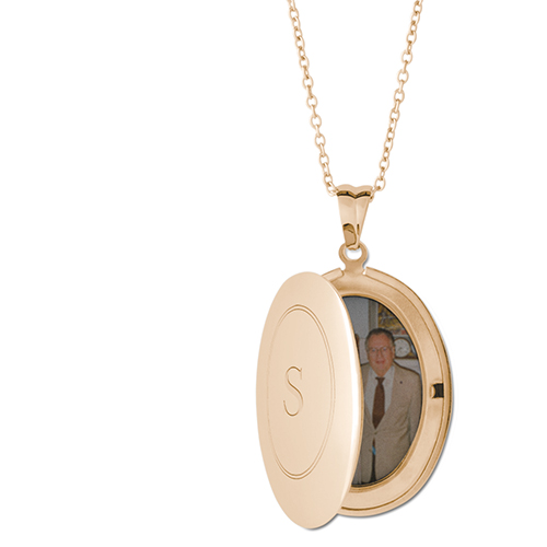 Double Border Locket Necklace, Gold, Oval, Engraved Front, Gray