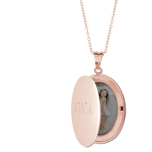 Monogram Trio Locket Necklace, Rose Gold, Oval, Engraved Front, Gray