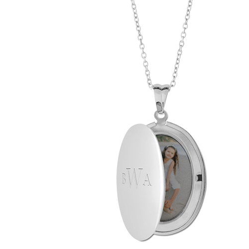 Monogram Trio Locket Necklace, Silver, Oval, Engraved Front, Gray