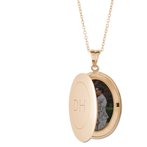 Outline Border Locket Necklace, Gold, Oval, Engraved Front, Gray