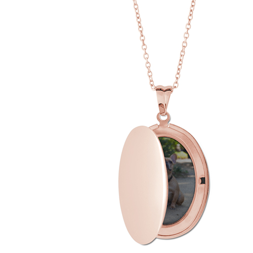 Photo Gallery Locket Necklace, Rose Gold, Oval, Engraved Front, Gray