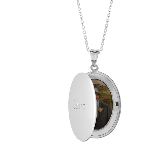 Simple Love Locket Necklace, Silver, Oval, Engraved Front, Gray