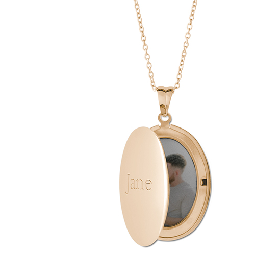 Statement Name Locket Necklace, Gold, Oval, Engraved Front, Gray