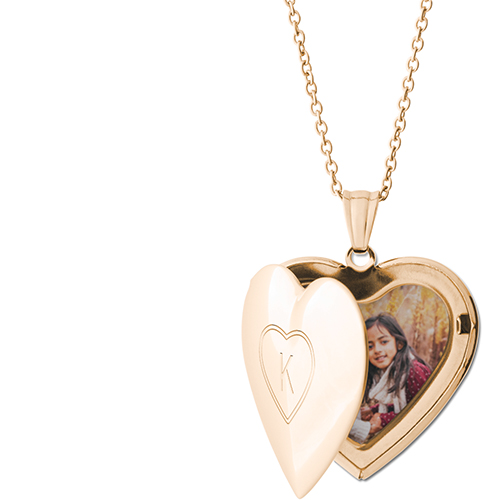 Double Outline Locket Necklace, Gold, Heart, Engraved Front, Gray