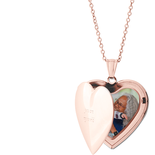 My World Locket Necklace, Rose Gold, Heart, Engraved Front, Gray