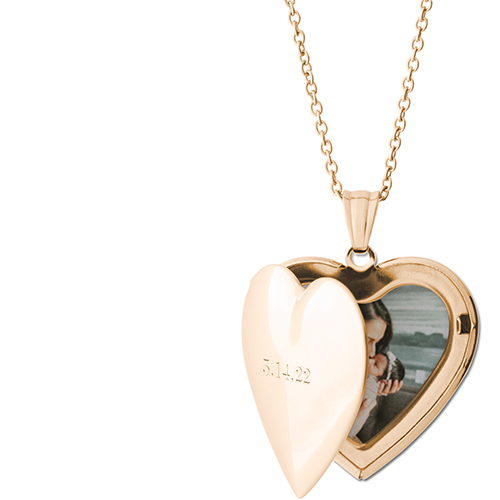 Special Date Locket Necklace, Gold, Heart, Engraved Front, Gray