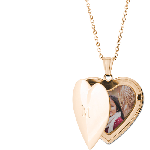 Center Initial Locket Necklace, Gold, Heart, Engraved Front, Gray