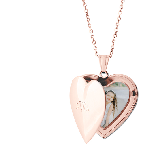 Monogram Trio Locket Necklace, Rose Gold, Heart, Engraved Front, Gray