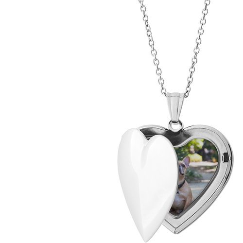 Photo Gallery Locket Necklace, Silver, Heart, Engraved Front, Gray