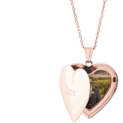 Simple Love Locket Necklace, Rose Gold, Heart, Engraved Front, Gray