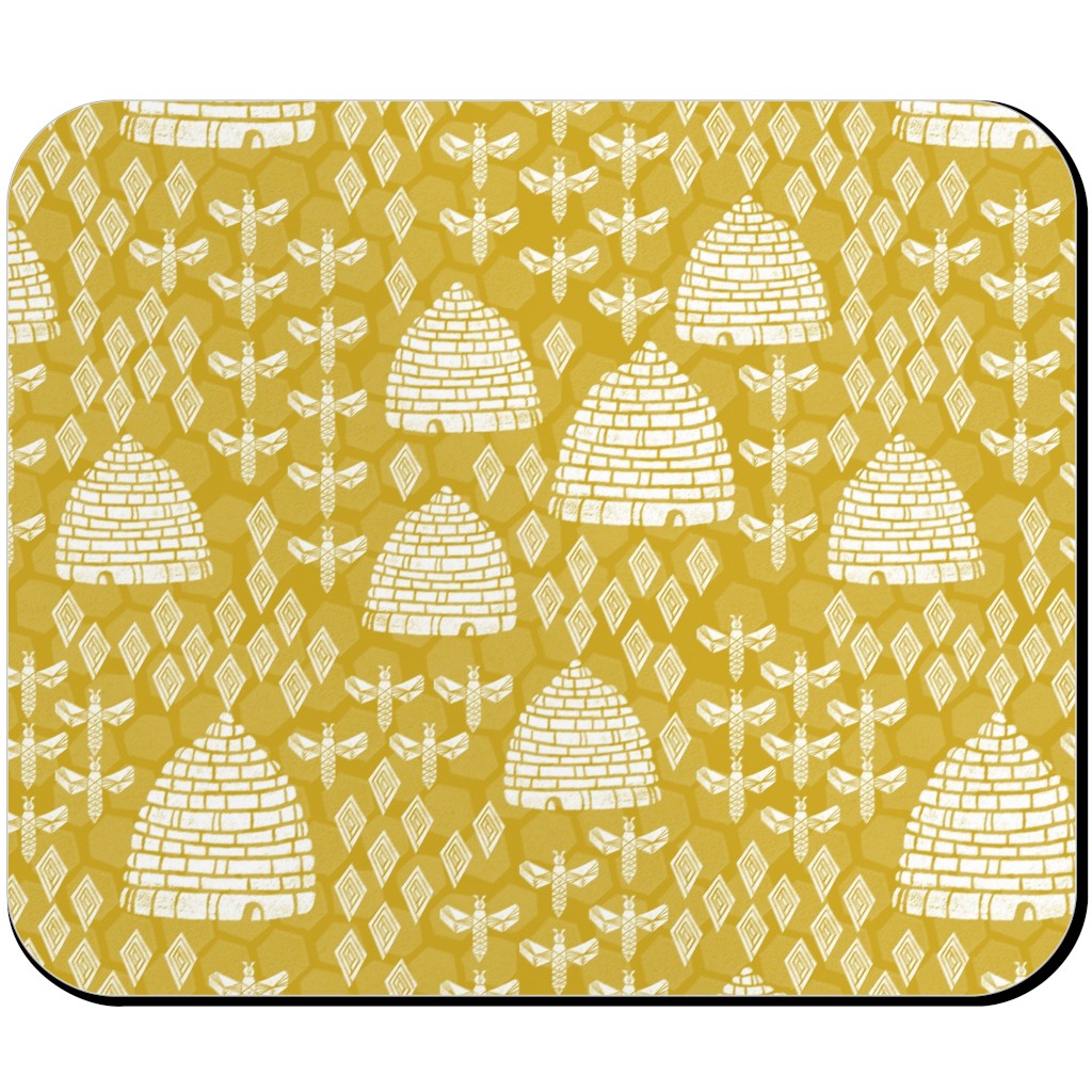 Bee Hives, Spring Florals Linocut Block Printed - Golden Yellow Mouse Pad, Rectangle Ornament, Yellow