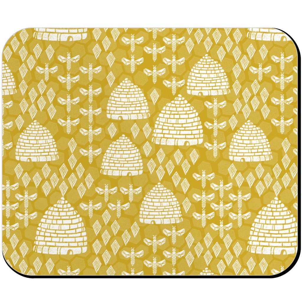 Bee Hives, Spring Florals Linocut Block Printed - Golden Yellow Mouse Pad, Rectangle, Yellow