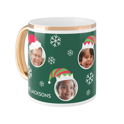 Festive Floating Faces Mug, Gold Handle, , 11oz, Green, spruce