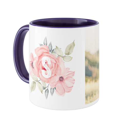 Floral Initial Mug, Blue,  , 11oz, Pink