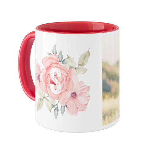 Floral Initial Mug, Red,  , 11oz, Pink