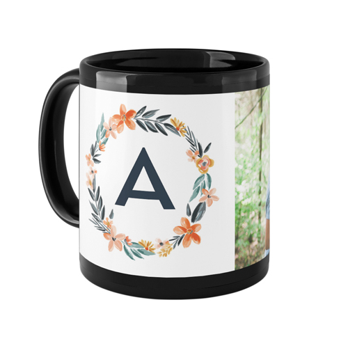 Bright Floral Wreath Monogram Mug, Black, , 11oz, White, white