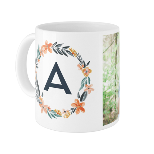 Bright Floral Wreath Monogram Mug, White,  , 11oz, White