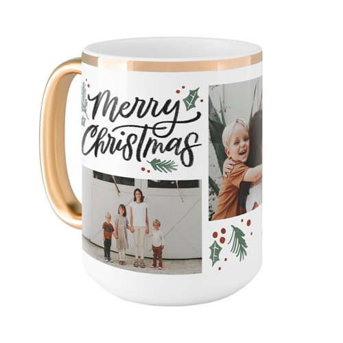 Merry Christmas Evergreen Mug, Gold Handle,  , 15oz, White