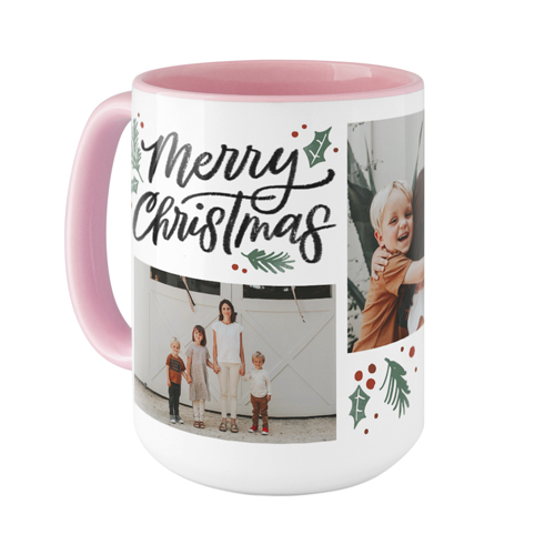 Merry Christmas Evergreen Mug, Pink,  , 15oz, White