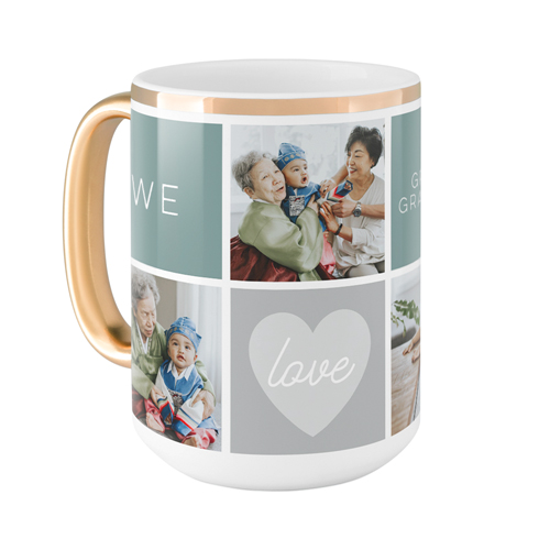 We Love Heart Grid Mug, Gold Handle,  , 15oz, Blue