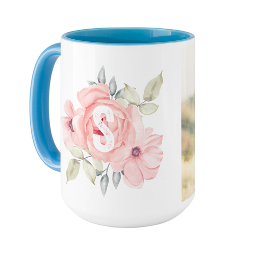 Floral Initial Mug, Light Blue,  , 15oz, Pink