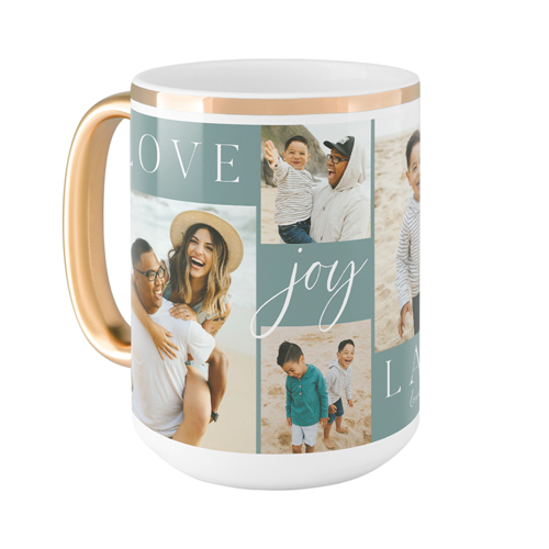 Love Joy Laughter Mug, Gold Handle, , 15oz, Blue, cedar