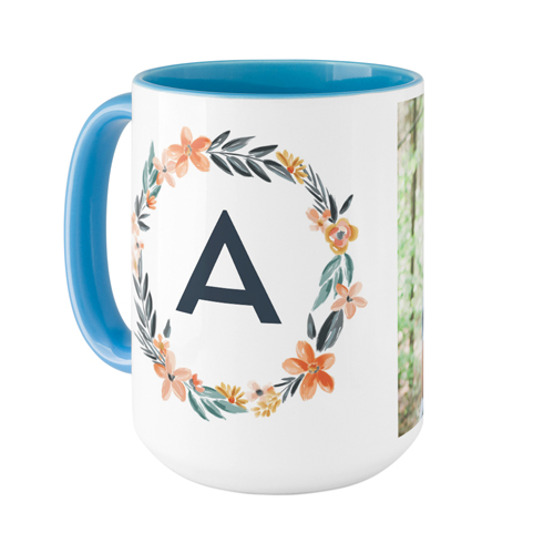 Bright Floral Wreath Monogram Mug, Light Blue,  , 15oz, White