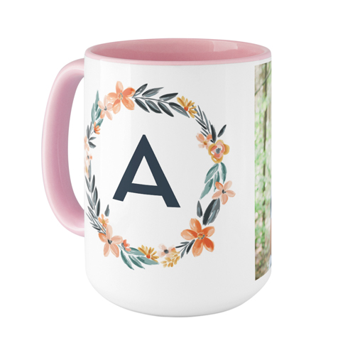 Bright Floral Wreath Monogram Mug, Pink,  , 15oz, White