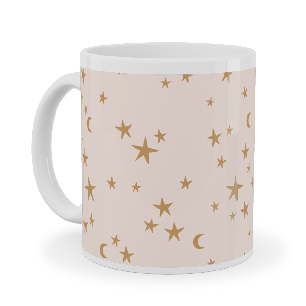 Stars & Moon - Starry Night Universe - Beige and Brown Ceramic Mug, White, , 11oz, Pink, Bright Pink