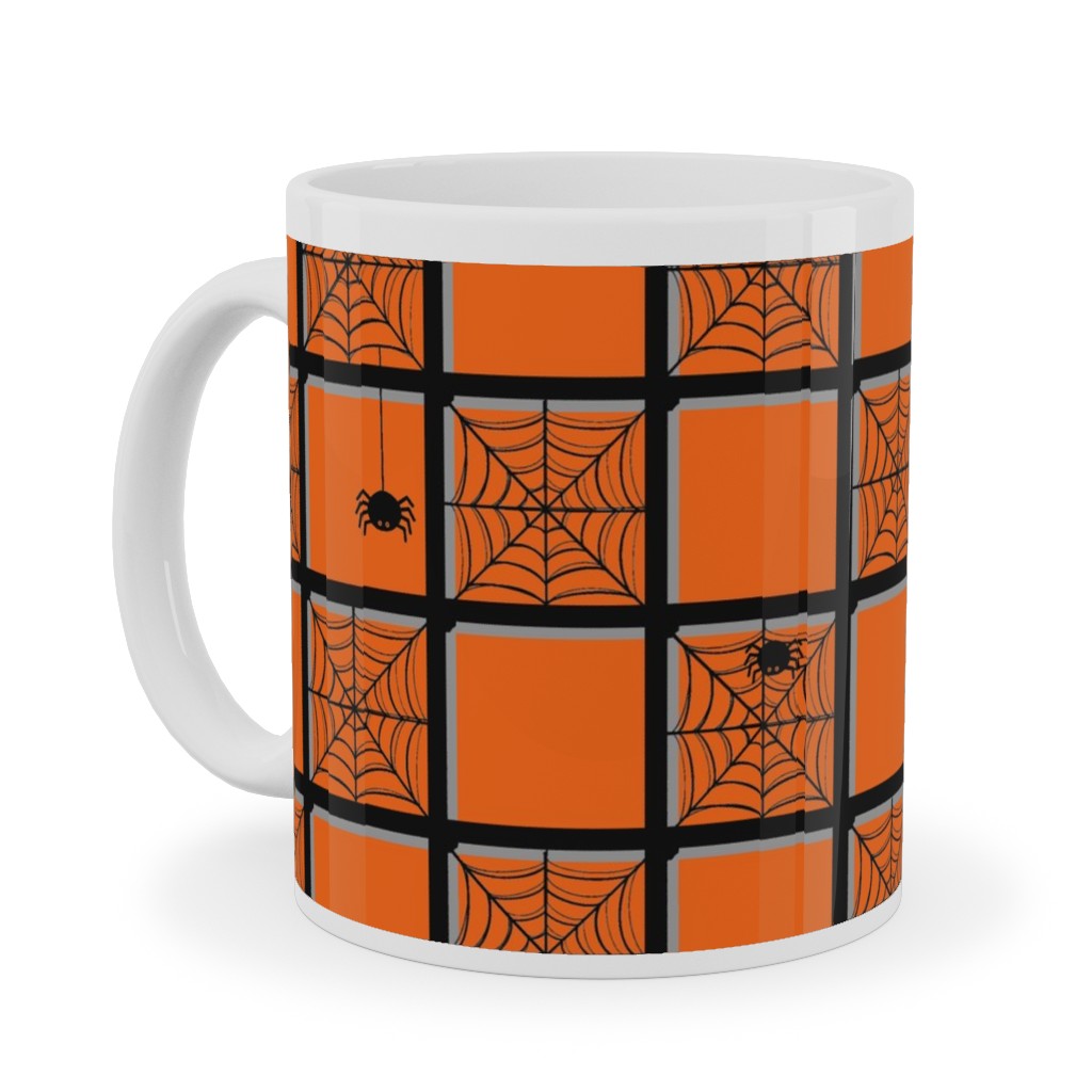 Orange Plaid Spider Webs Ceramic Mug, White, , 11oz, Orange, Orange