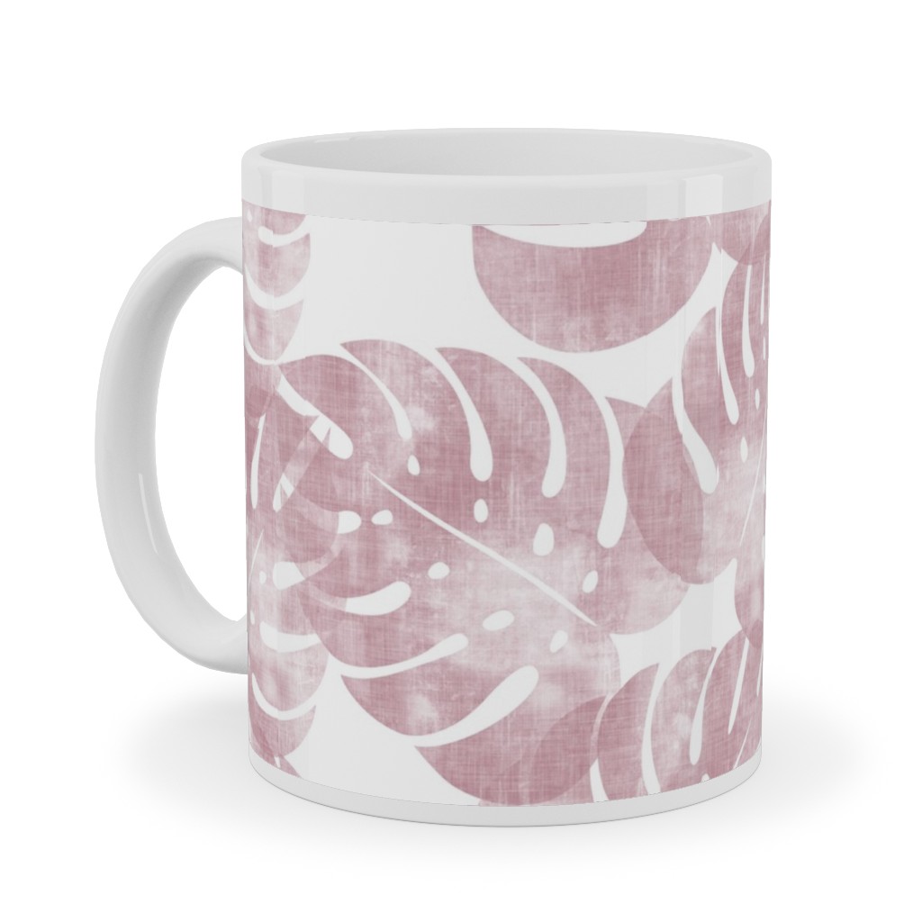 Monstera Leaves - Mauve Ceramic Mug, White, , 11oz, Pink, Bright Pink