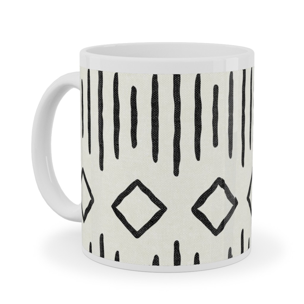 Diamond Fall - Mud Cloth - Onyx on Bone - Mudcloth Farmhouse Tribal - Lad19bs Ceramic Mug, White, , 11oz, Beige, Pearl