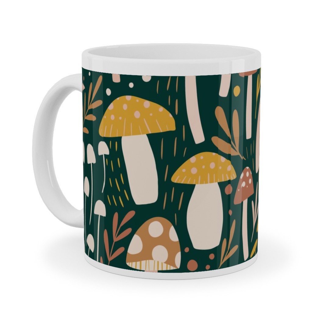 Woodland Mushroom Meadow - Green Ceramic Mug, White,  , 11oz, Green