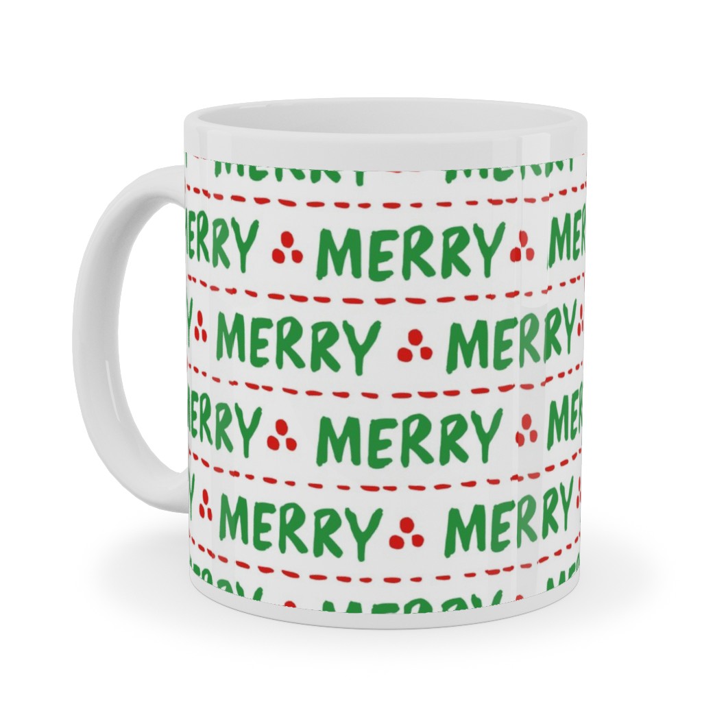 Hand Lettered Merry Ceramic Mug, White, , 11oz, Green, Classic Green