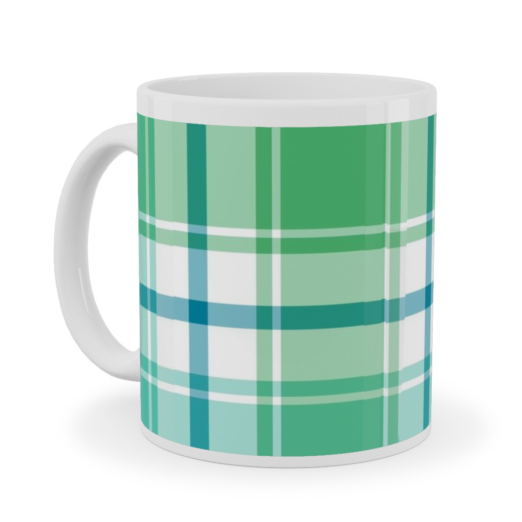 Blue, Green, Turquoise, and White Plaid Ceramic Mug, White, , 11oz, Green, Classic Green